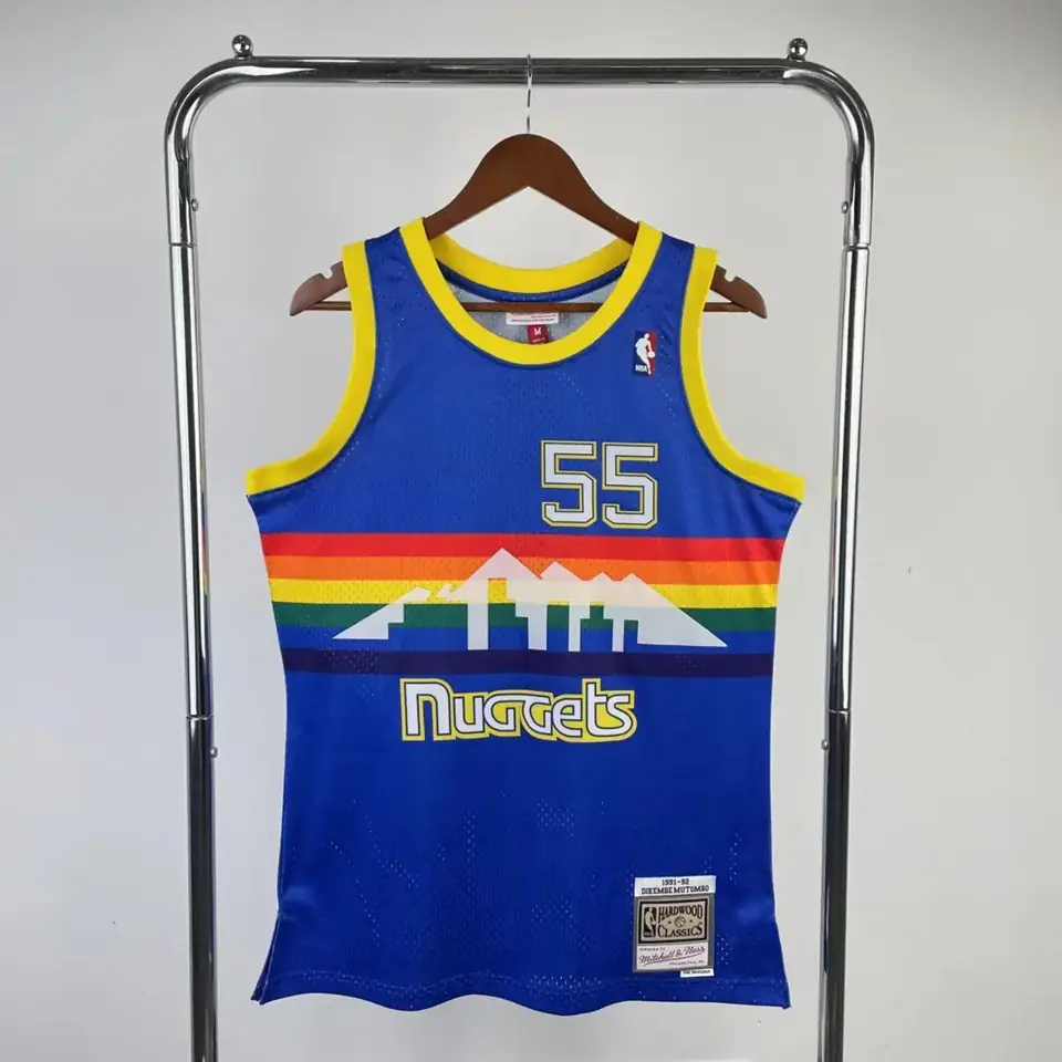 Camiseta retro MN versión aficionado, termotransferida: Nuggets temporada 1991/92 azul nº 55 Dikembe Mutombo