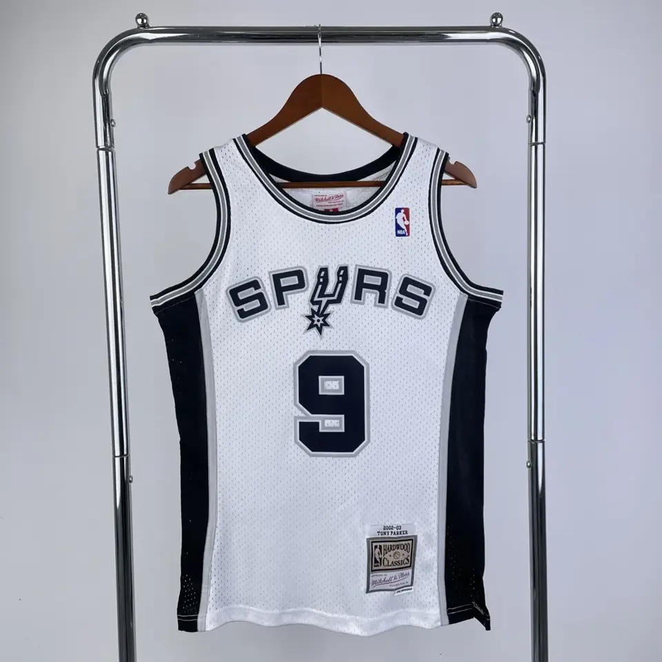 MN camiseta retro termoaplicada: SW San Antonio Spurs temporada 2002/03 blanca número 9 Parker