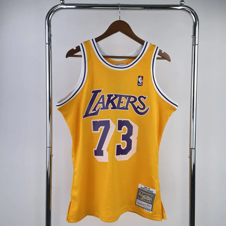 Camiseta retro termosellada MN: SW de los Lakers temporada 98/99, cuello redondo, amarillo, número 73 Rodman