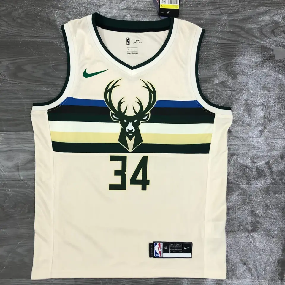 Temporada 19 Milwaukee Bucks blanco crema a rayas, nº 34 Antetokounmpo