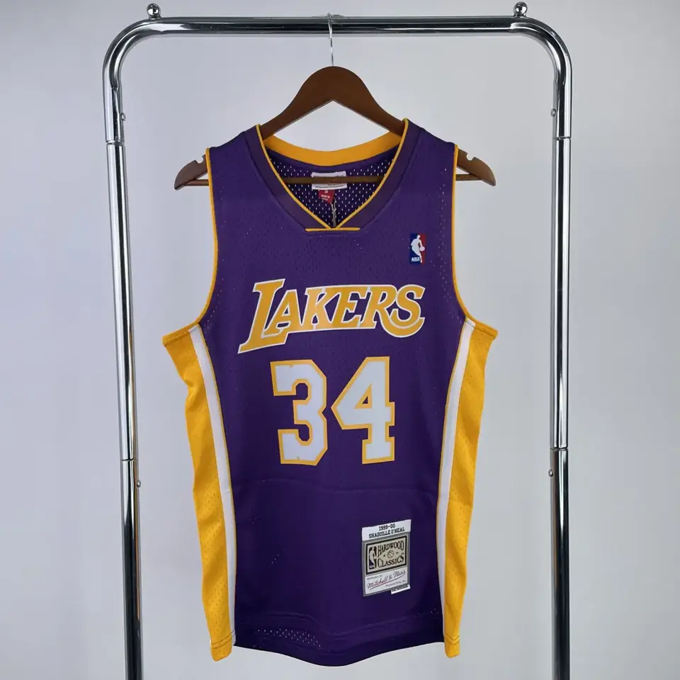 Camiseta retro termosellada MN: SW de los Lakers temporada 19/00, cuello en V, morado, número 34 O'Neal