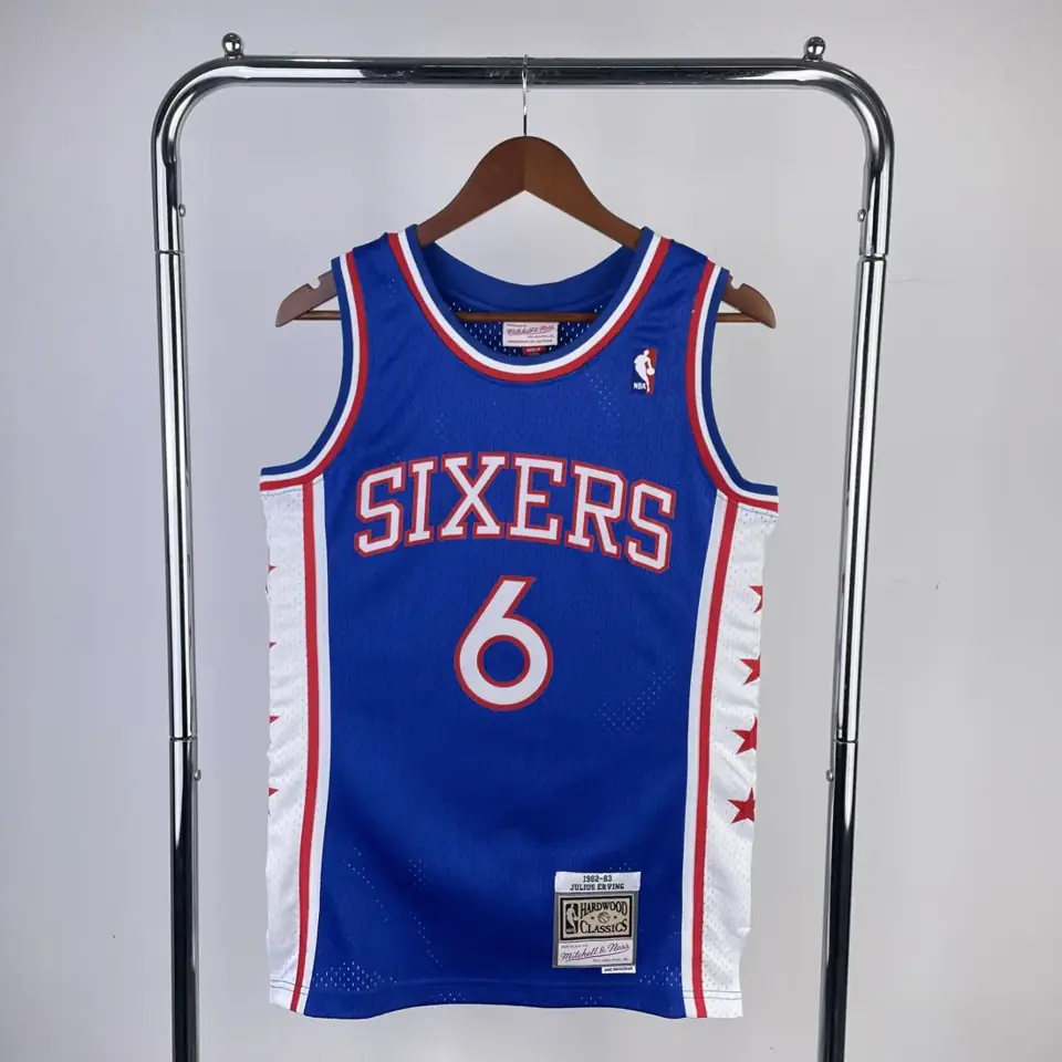 Camiseta retro MN termo-sellada: SW 76ers temporada 82/83 azul número 6 Julius Erving
