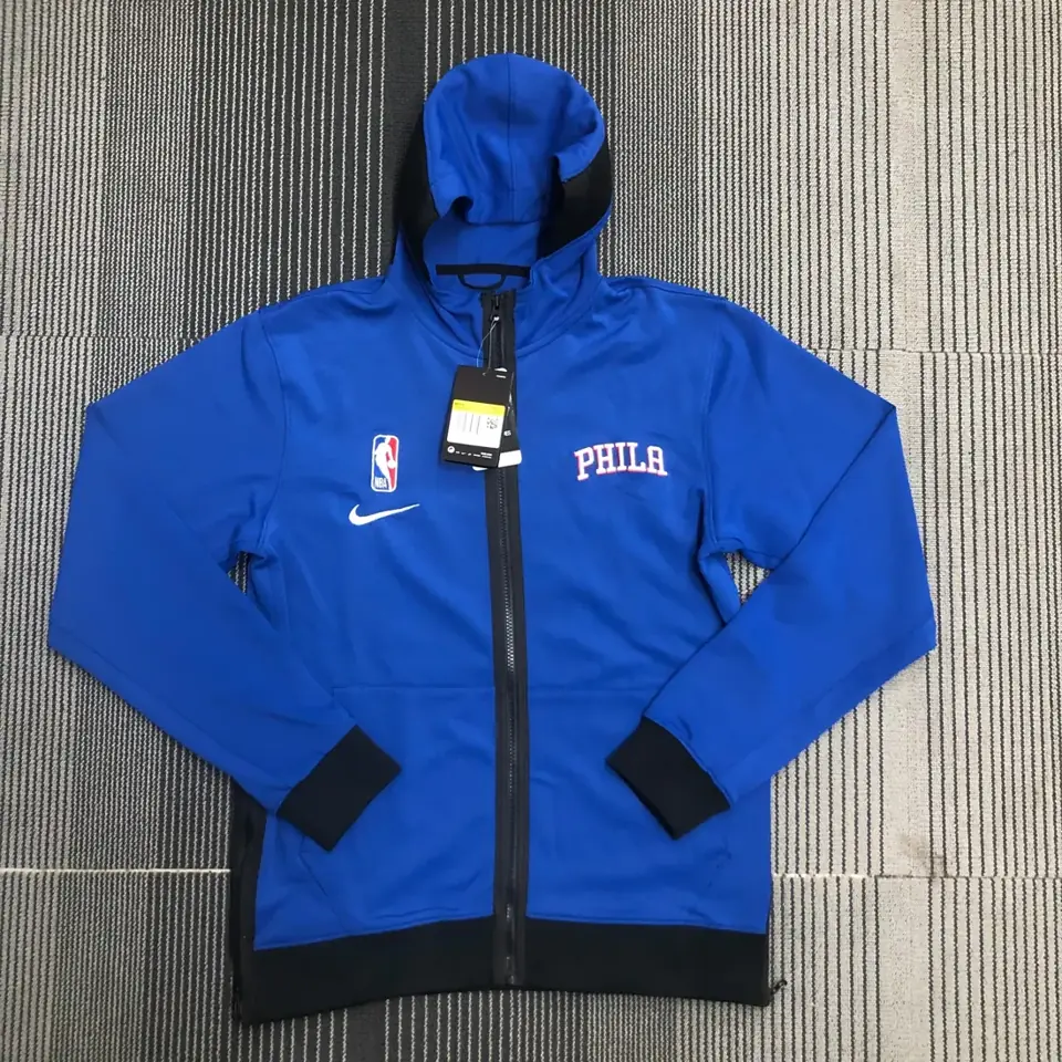 Producto auténtico de tienda oficial internacional: chaqueta de calentamiento versión de jugador GI de los 76ers de Filadelfia