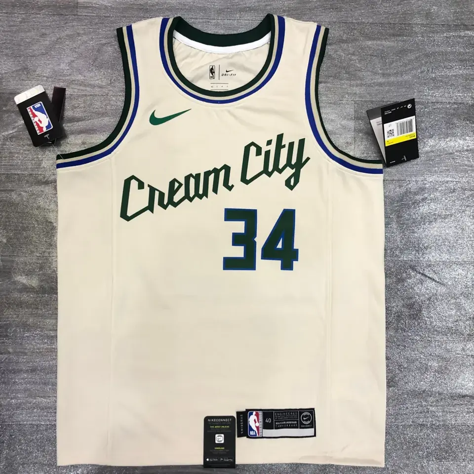 Bucks de Milwaukee, cuello redondo, blanco roto, n.º 34 Giannis Antetokounmpo