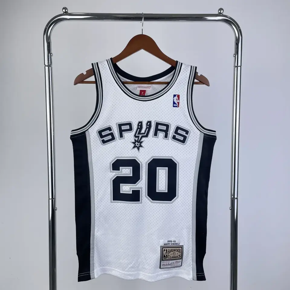 MN camiseta retro termoaplicada: SW San Antonio Spurs temporada 2002/03 blanca número 20 Ginóbili