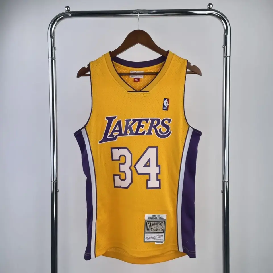 Camiseta retro termosellada MN: SW de los Lakers temporada 99/00, cuello en V, amarilla, número 34 O'Neal