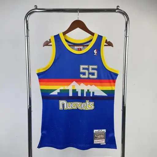 Camiseta retro MN versión aficionado, termotransferida: Nuggets temporada 1991/92 azul nº 55 Dikembe Mutombo
