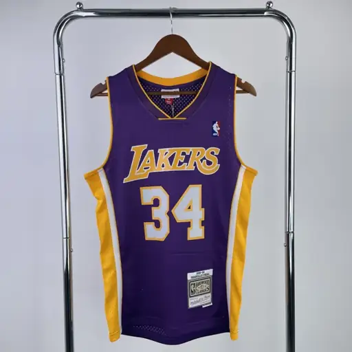 Camiseta retro termosellada MN: SW de los Lakers temporada 19/00, cuello en V, morado, número 34 O'Neal