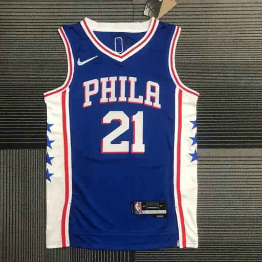 75.º aniversario Philadelphia 76ers azul de cuello en V n.º 21 Joel Embiid