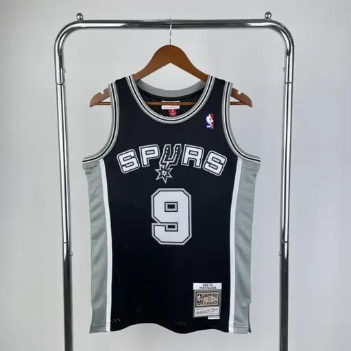 MN camiseta retro termoaplicada: SW San Antonio Spurs temporada 2002/03 negra número 9 Parker