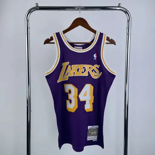 Camiseta retro MN de termopresión: SW de los Lakers, temporada 96/97, cuello redondo, morada, nº 34 O'Neal