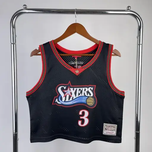 MN camiseta retro corta de mujer: 76ers diseño Gran Estrella negro nº 3 Allen Iverson