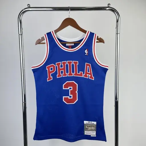 MN versión aficionados camiseta retro con estampado térmico: 76ers temporada 1996/97 azul novato Nº 3 Iverson