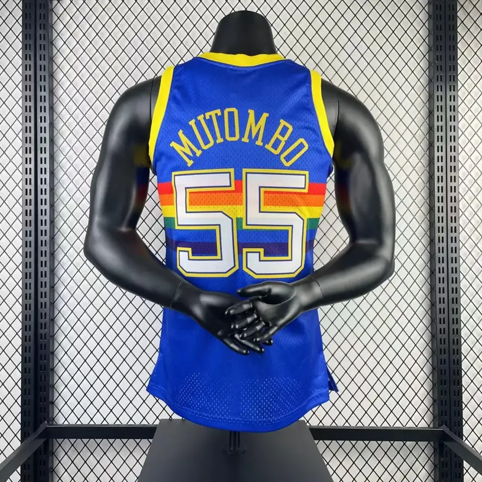 Foto 6 de Camiseta retro MN versión aficionado, termotransferida: Nuggets temporada 1991/92 azul nº 55 Dikembe Mutombo