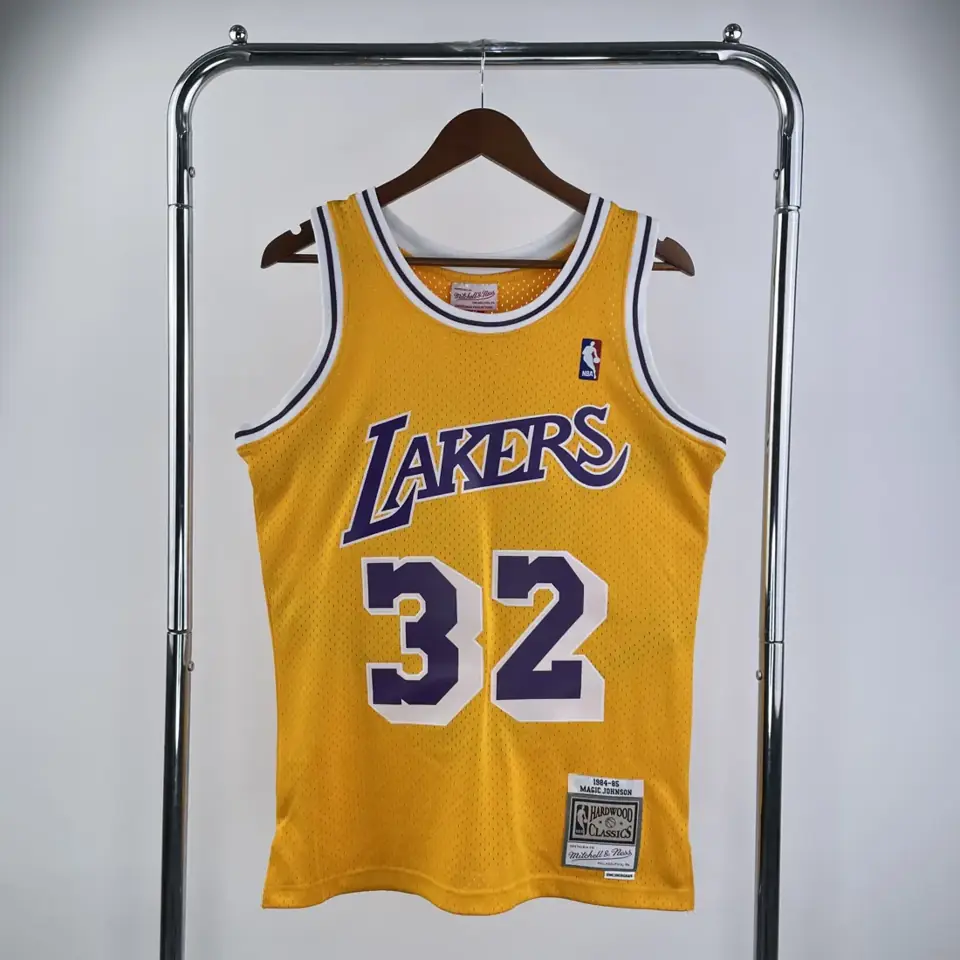 Foto 1 de Camiseta retro MN termo-prensada: SW Los Angeles Lakers temporada 84/85 cuello redondo amarillo n.º 32 Johnson