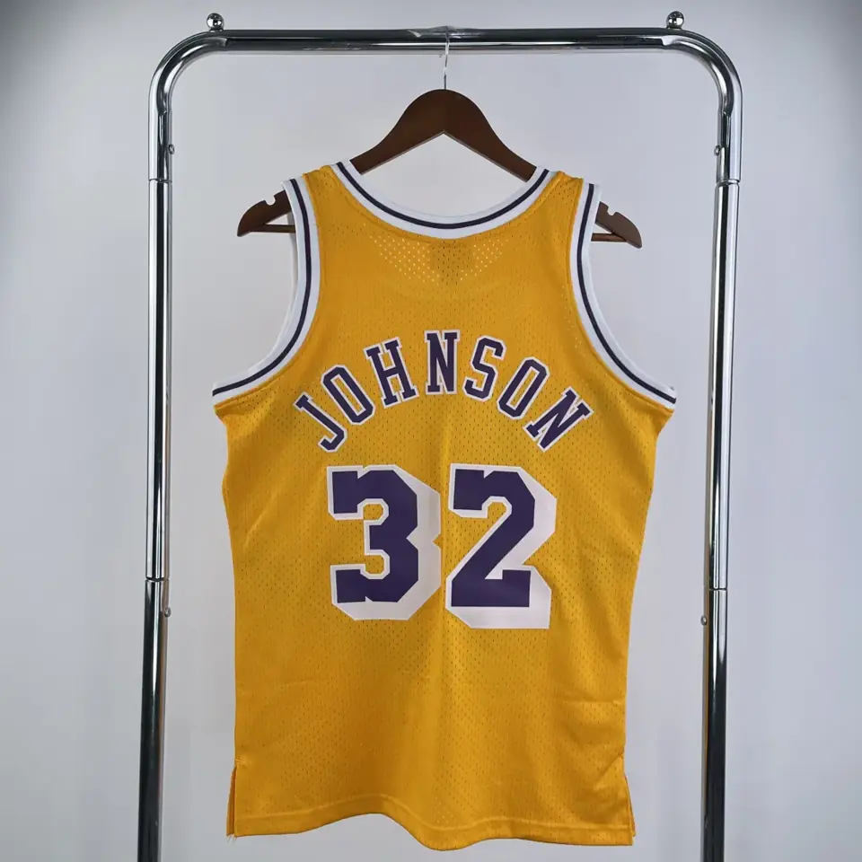 Foto 2 de Camiseta retro MN termo-prensada: SW Los Angeles Lakers temporada 84/85 cuello redondo amarillo n.º 32 Johnson