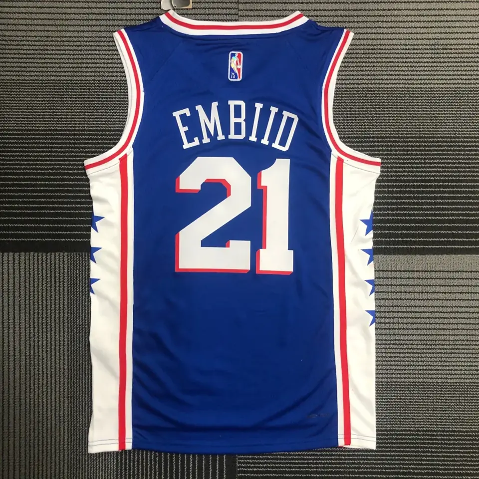 Foto 2 de 75.º aniversario Philadelphia 76ers azul de cuello en V n.º 21 Joel Embiid