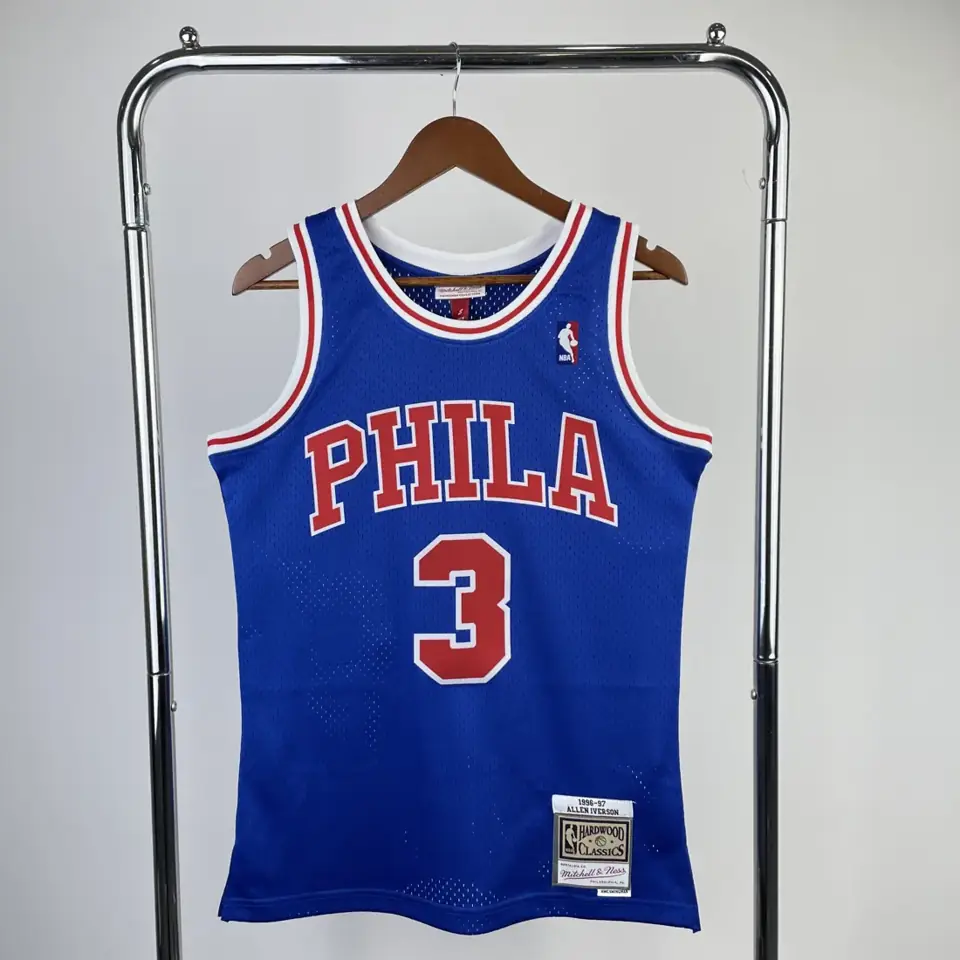 Foto 1 de MN versión aficionados camiseta retro con estampado térmico: 76ers temporada 1996/97 azul novato Nº 3 Iverson