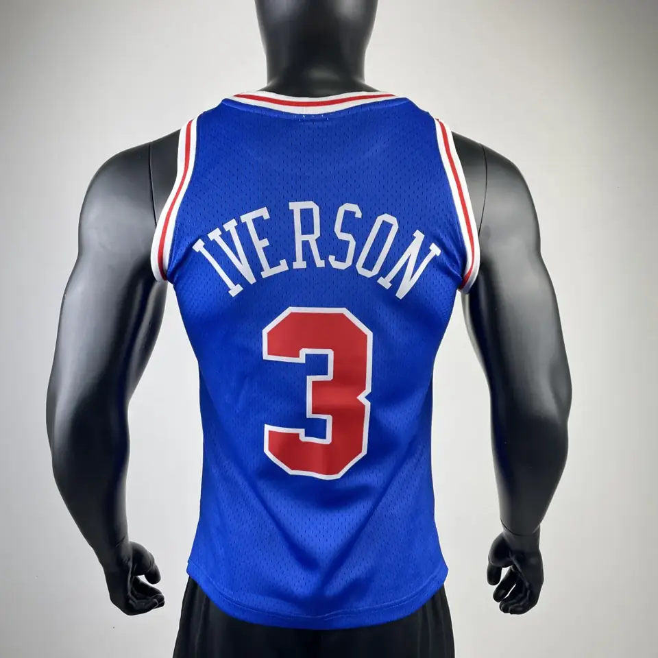 Foto 2 de MN versión aficionados camiseta retro con estampado térmico: 76ers temporada 1996/97 azul novato Nº 3 Iverson