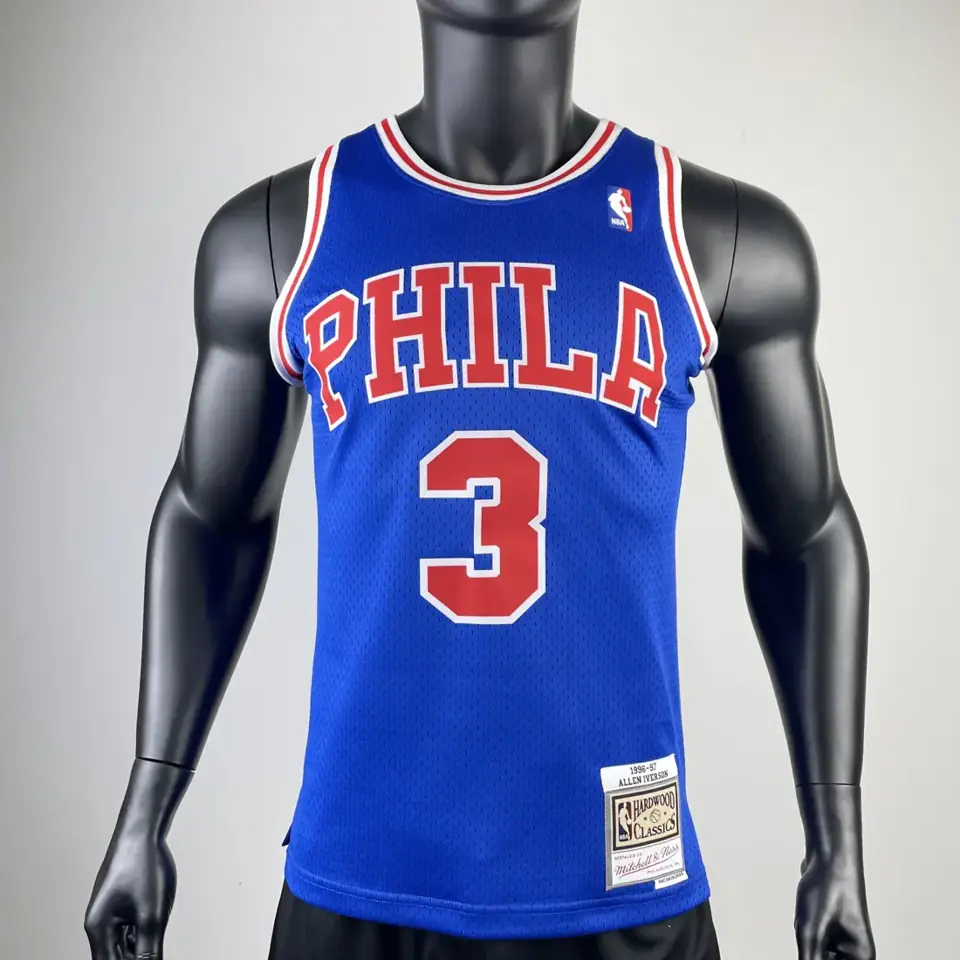Foto 3 de MN versión aficionados camiseta retro con estampado térmico: 76ers temporada 1996/97 azul novato Nº 3 Iverson