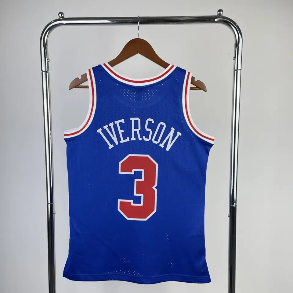 Foto 4 de MN versión aficionados camiseta retro con estampado térmico: 76ers temporada 1996/97 azul novato Nº 3 Iverson
