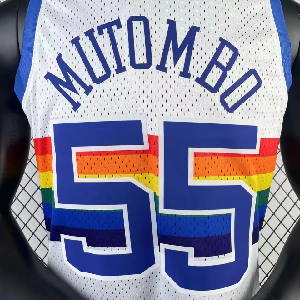 Foto 2 de Camiseta retro MN versión aficionado, termotransferida: Nuggets temporada 1991/92 blanco nº 55 Dikembe Mutombo