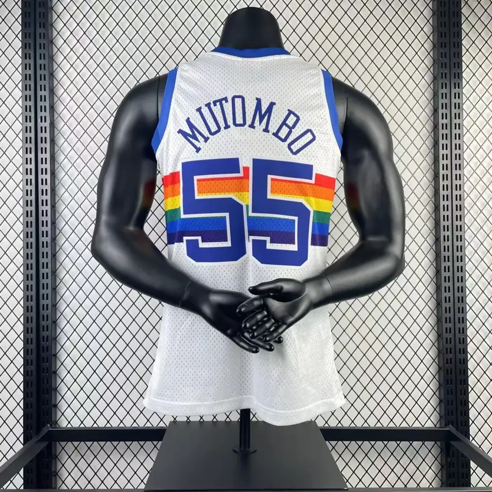 Foto 7 de Camiseta retro MN versión aficionado, termotransferida: Nuggets temporada 1991/92 blanco nº 55 Dikembe Mutombo