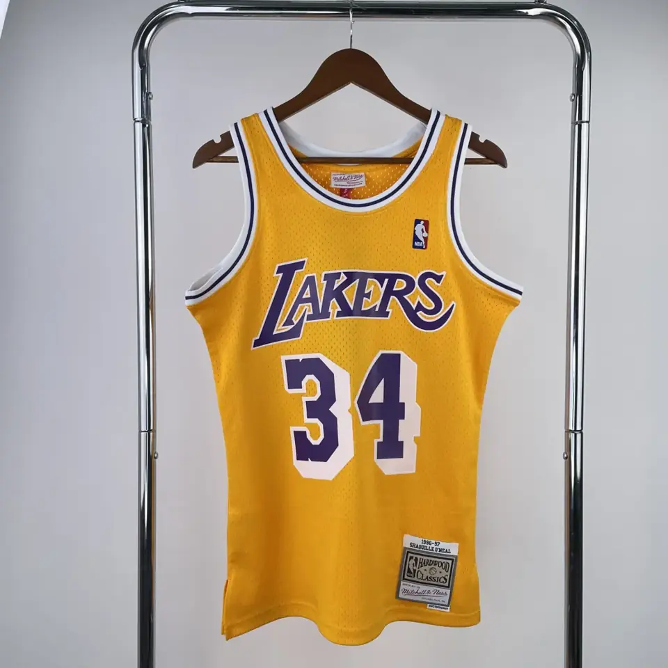 Foto 1 de Camiseta retro termosellada MN: SW de los Lakers temporada 96/97, cuello redondo, amarillo, número 34 O'Neal